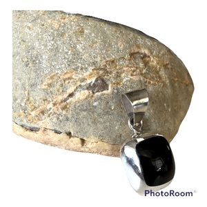 Vintage Taxco Mexico Sterling Silver Black Onyx Square Cabochon Pendant 925